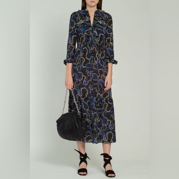 New! Saloni Ginny Midi Silk Crepe De Chine Dress in Cosmo Dancers 💫✨ US 4 NWT! - Picture 5 of 16